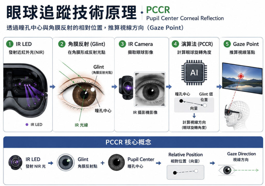 眼球追蹤技術原理，應用在眼鏡上必須使用極小且精準度高的感測器。
